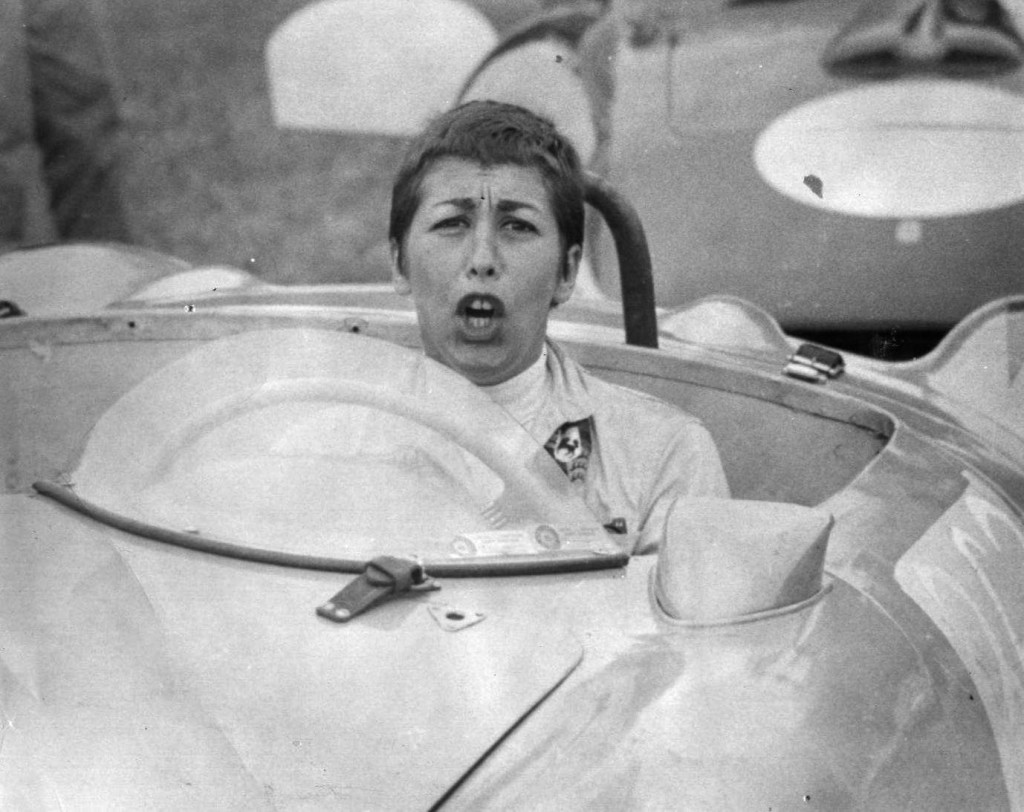 Ruth Levy from a race at Elkhart Lake, 1957 giving the photographer a bad time. From her collection.