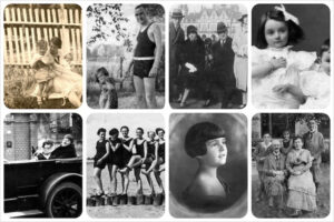 Collage of eight photos from early 20th century, groups of people either dressed up for winter outings or wearing bathing costumes at waterfront.
