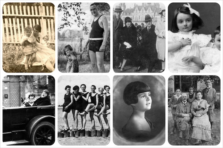 Collage of eight photos from early 20th century, groups of people either dressed up for winter outings or wearing bathing costumes at waterfront.