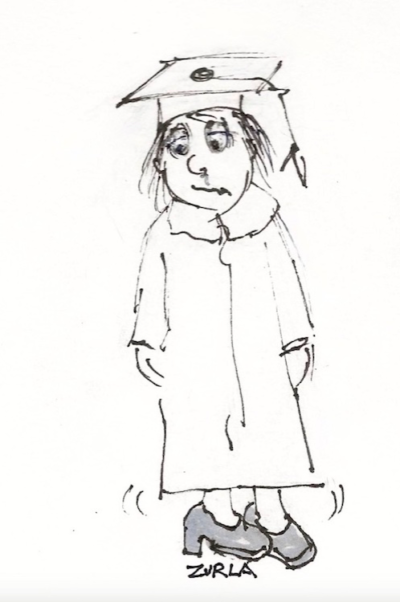 Pen and ink drawing of nervous high school girl in graduation gown and mortar board standing with high-heeled shoes awkwardly pressed together.