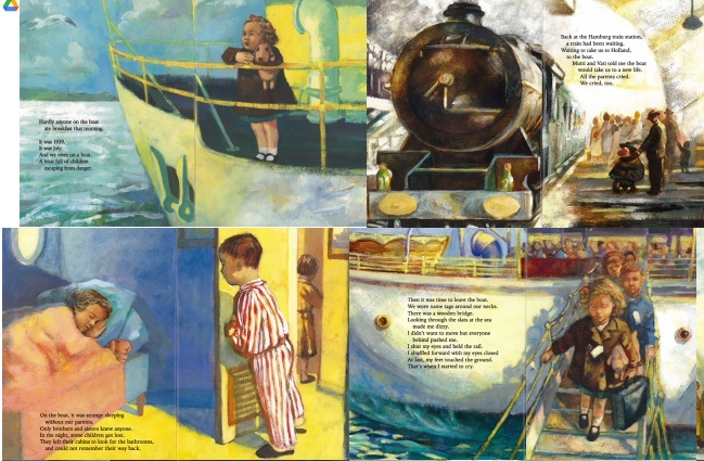 Four-part travel montage: little girl clutching dog on bow of ship, steam locomotive engine at station, kids bunking down aboard ship, children disembarking ship via gangplank.