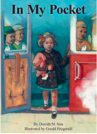 Very young, well-dressed girl with a bow in her hair and carrying a doll steps out of a train car onto a station platform as other children peer at her.