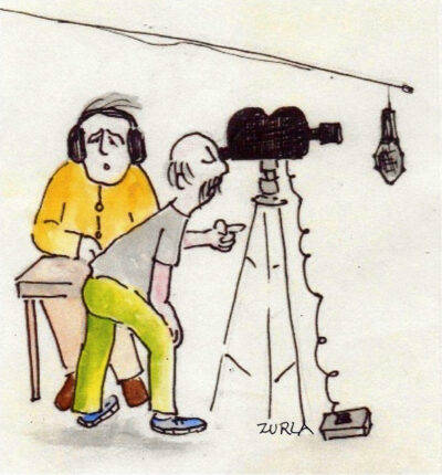 Line drawing illustration movie cameraman and sound recordist on set.