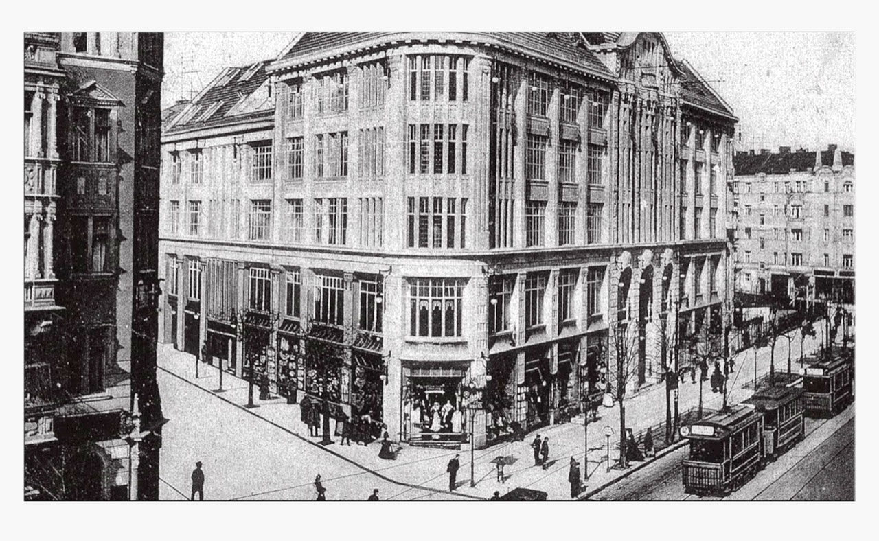 Exterior view of grand berlin department store, h joseph and company, in the 1930s.
